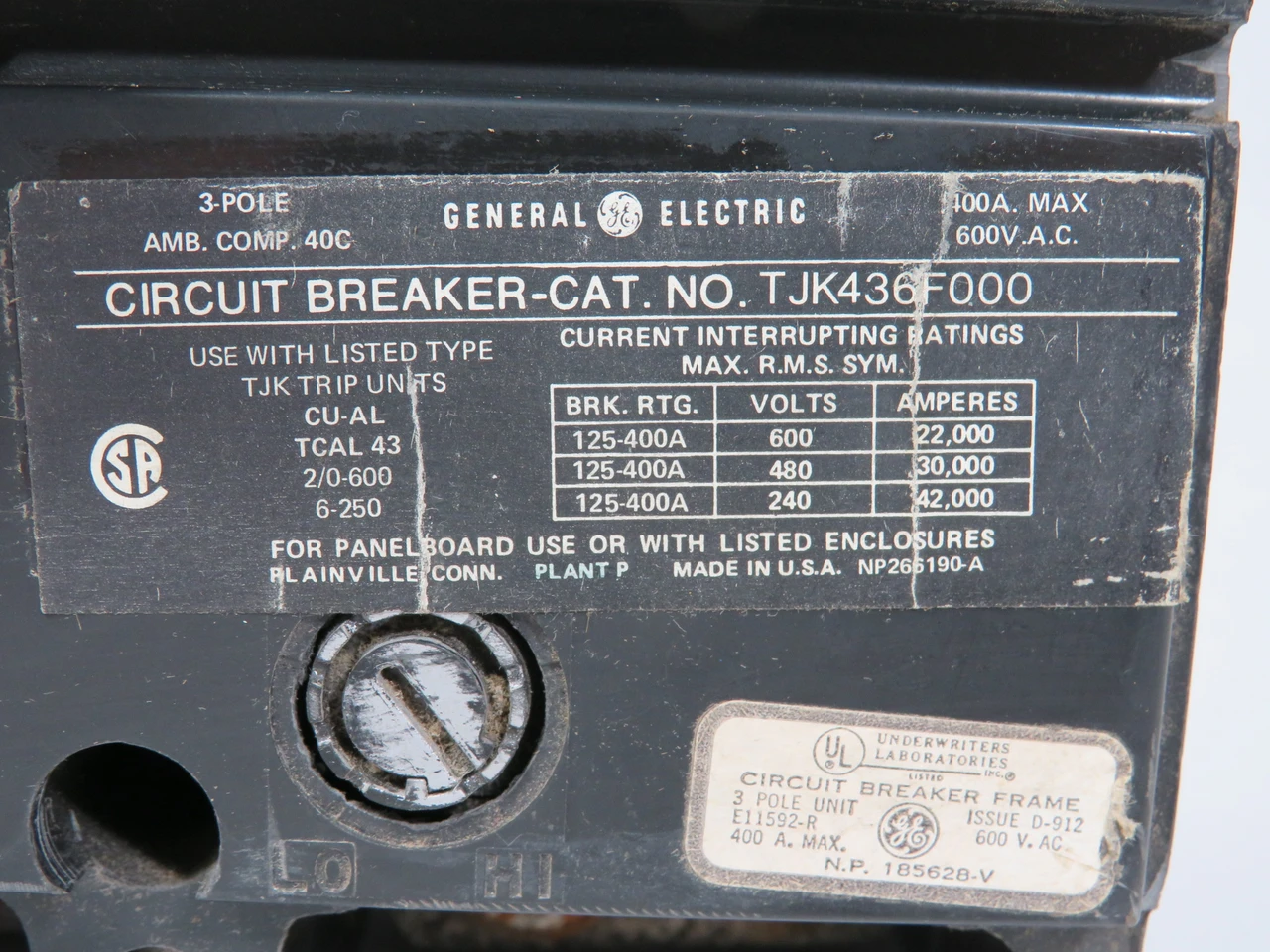 General Electric TJK436F000 Circuit Breaker 300A 600VAC 3 Pole SHELF WEAR USED