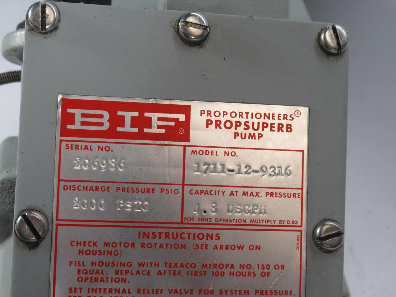 BIF 1711-12-9316 Metering Propsuperb Pump C/W GE Motor 1/3HP SHELF WEAR USED