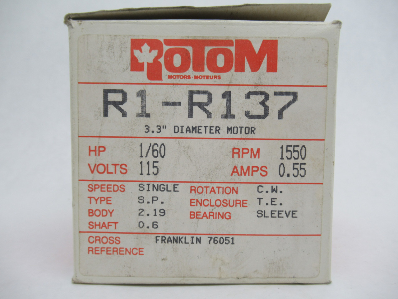 Rotom R1-R137 3.3" Diameter 1/60HP 1550RPM 115V TE 0.55A 60Hz BOX DAMAGE NEW