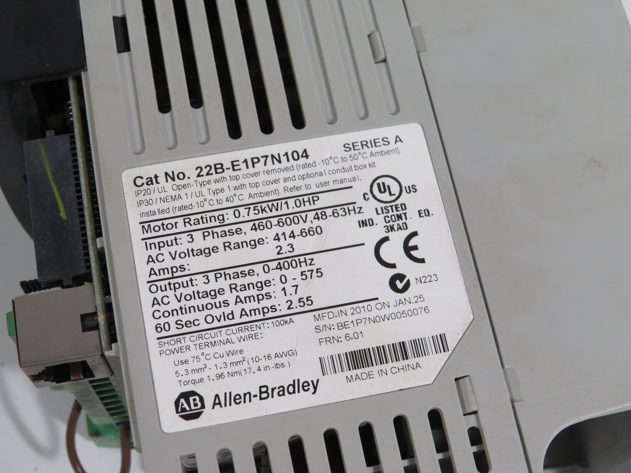 Allen-Bradley 22B-E1P7N104 AC Drive 0.75kW/1.0HP 3Ph 0-575V 2.55A 0-400Hz USED
