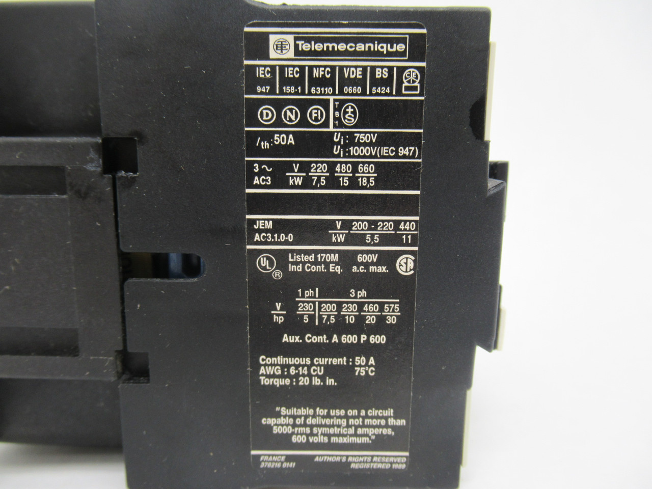 Telemecanique LC1D3210M7 Contactor 50A 3P 1NO 220-230V/50Hz 220-240V/60Hz USED