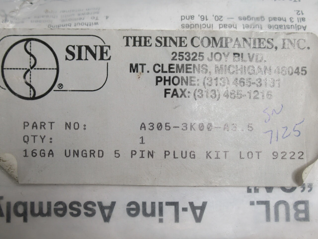 Sine A305-3K00-A3.5 Male Plug Assembly 5-Pin 16AWG NWB