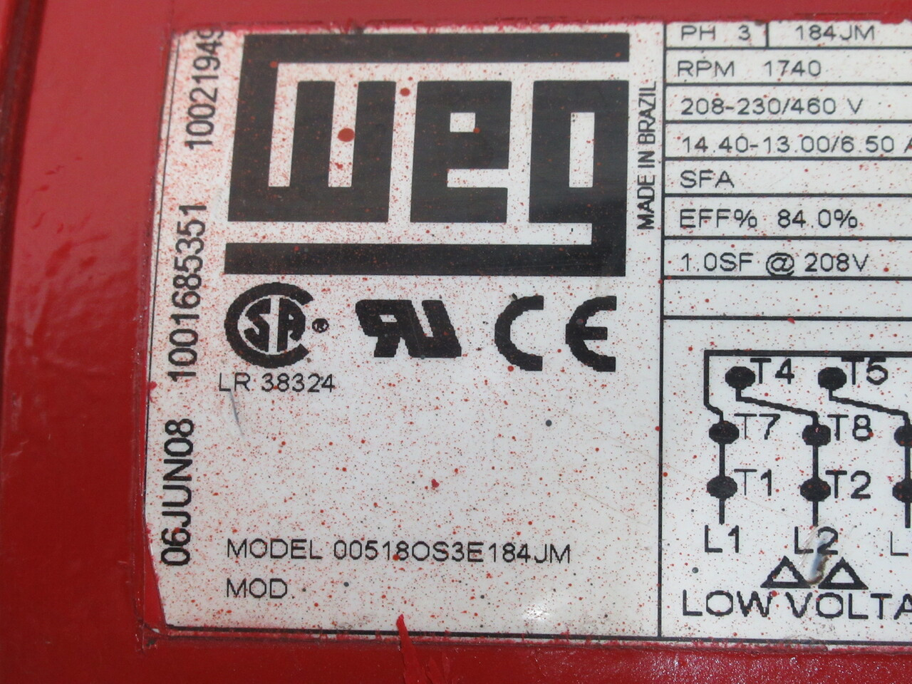 Weg 5HP 3.7kW 1740RPM 208-230/460V 184JM ODP 3Ph 14.4-13/6.5A 60Hz RFB