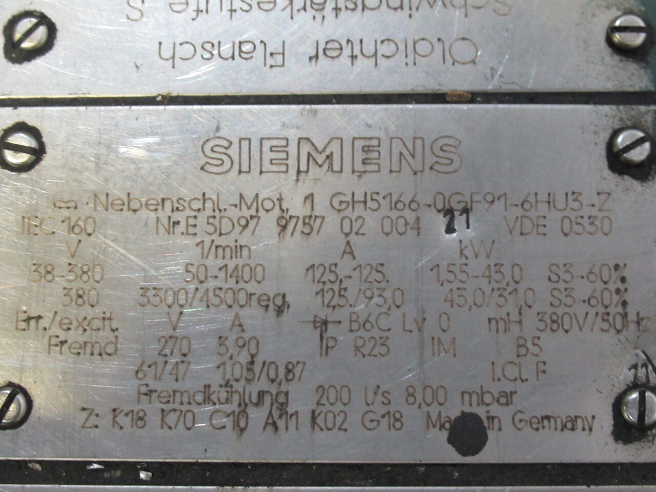 Siemens 1GH5166-0GF9I-6HU3-Z DC Motor 35/30kW 4100/4500RPM NEEDS OVERHAUL AS IS