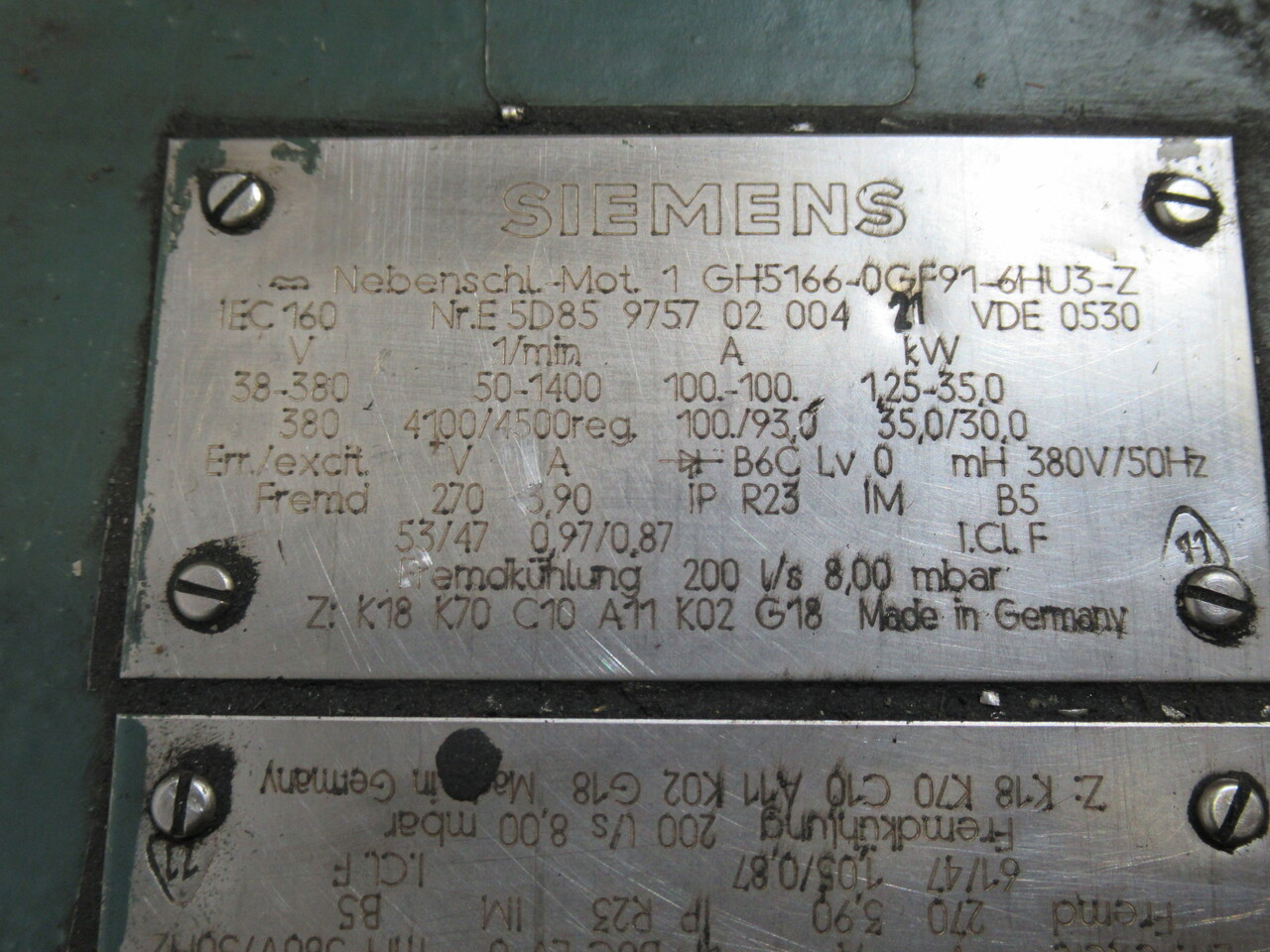 Siemens 1GH5166-0GF9I-6HU3-Z DC Motor 35/30kW 4100/4500RPM NEEDS OVERHAUL AS IS