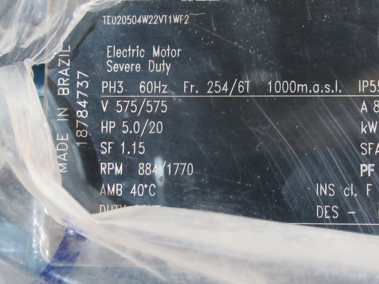 Weg 5/20HP 3.7/15kW 884/1770RPM 575V 254/6T TEFC 3Ph 9.29/24A 60Hz NEW
