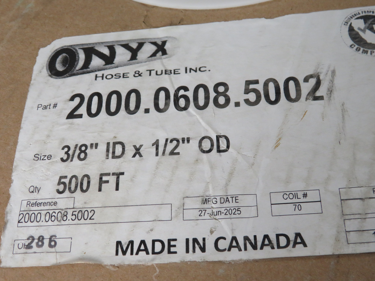 Onyx 2000.0608.5002 Natural LLDPE Tubing 3/8"ID 1/2"OD 150 psi DIRTY/CUT NEW