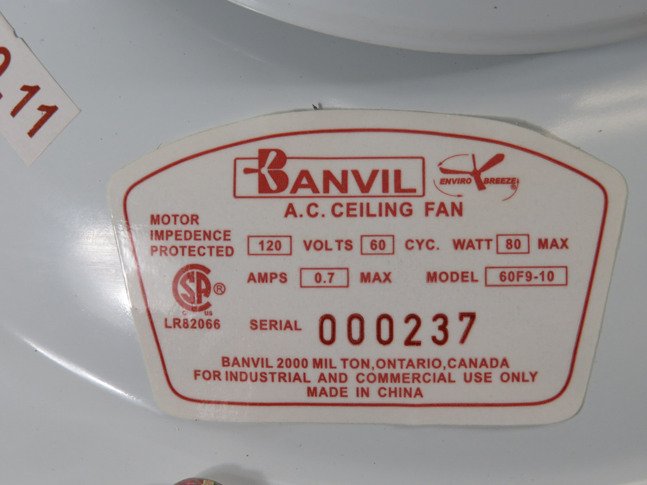 Banvil 60F9-10 56" A.C. Ceiling Fan 120V 60Hz 80W 0.7A SHELF WEAR NOP