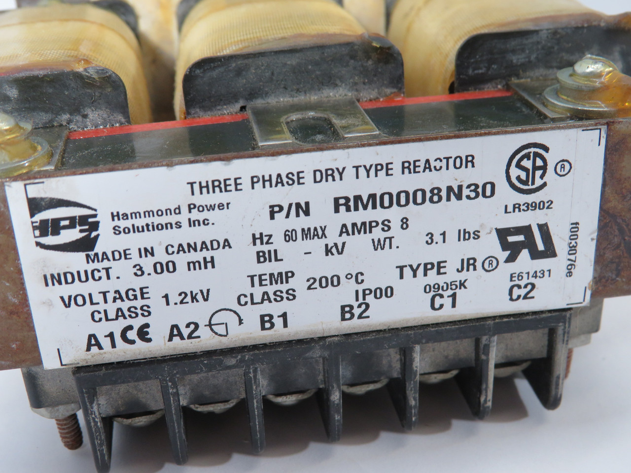 Hammond RM0008N30 Line Reactor 3.0mH 1.5HP 1.2kV 8A 60Hz 3Ph USED
