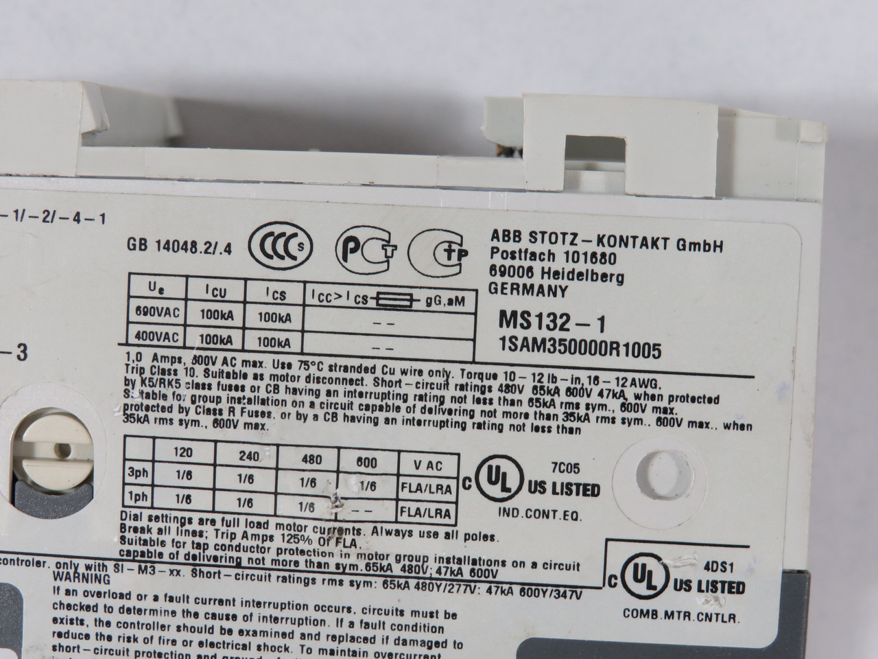 ABB MS132-1.0 1SAM350000R1005 Manual Motor Starter 0.63-1.0A 690VAC 3P USED