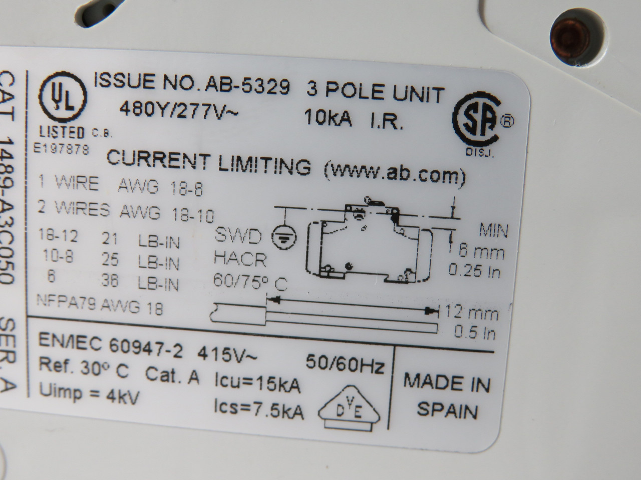 Allen-Bradley 1489-A3C050 Ser. A Circuit Breaker 5A 480Y 277VAC 50/60Hz 3P USED