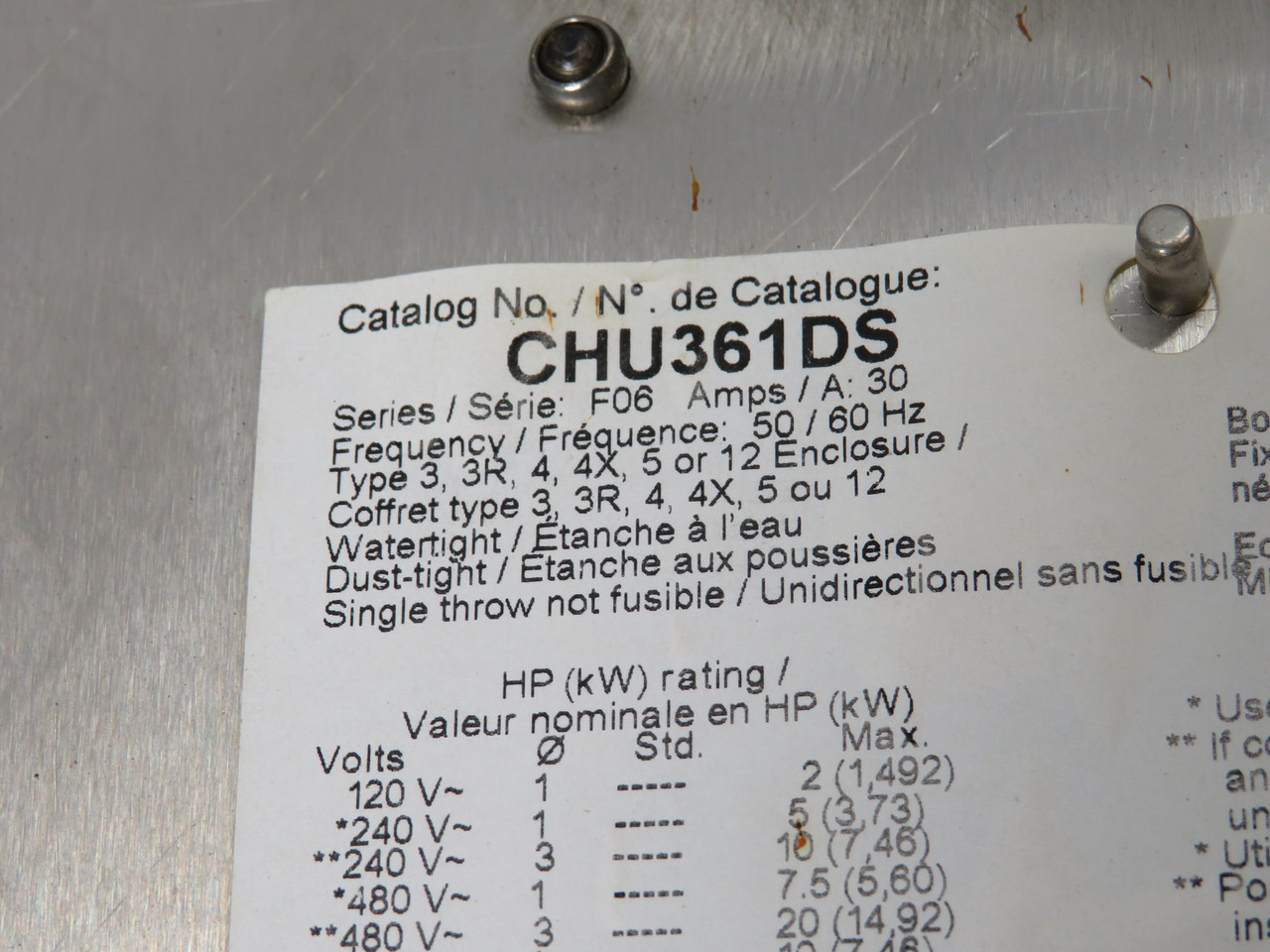 Square D CHU361DS Ser F06 Safety Switch 30A 600VAC/DC 3P 30HP USED