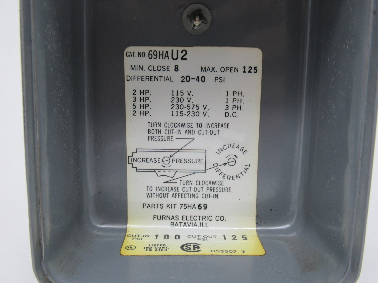 Furnas 69HAU2 Pressure Switch 20-40 psi Differential 2/3/5HP 1/3Ph USED