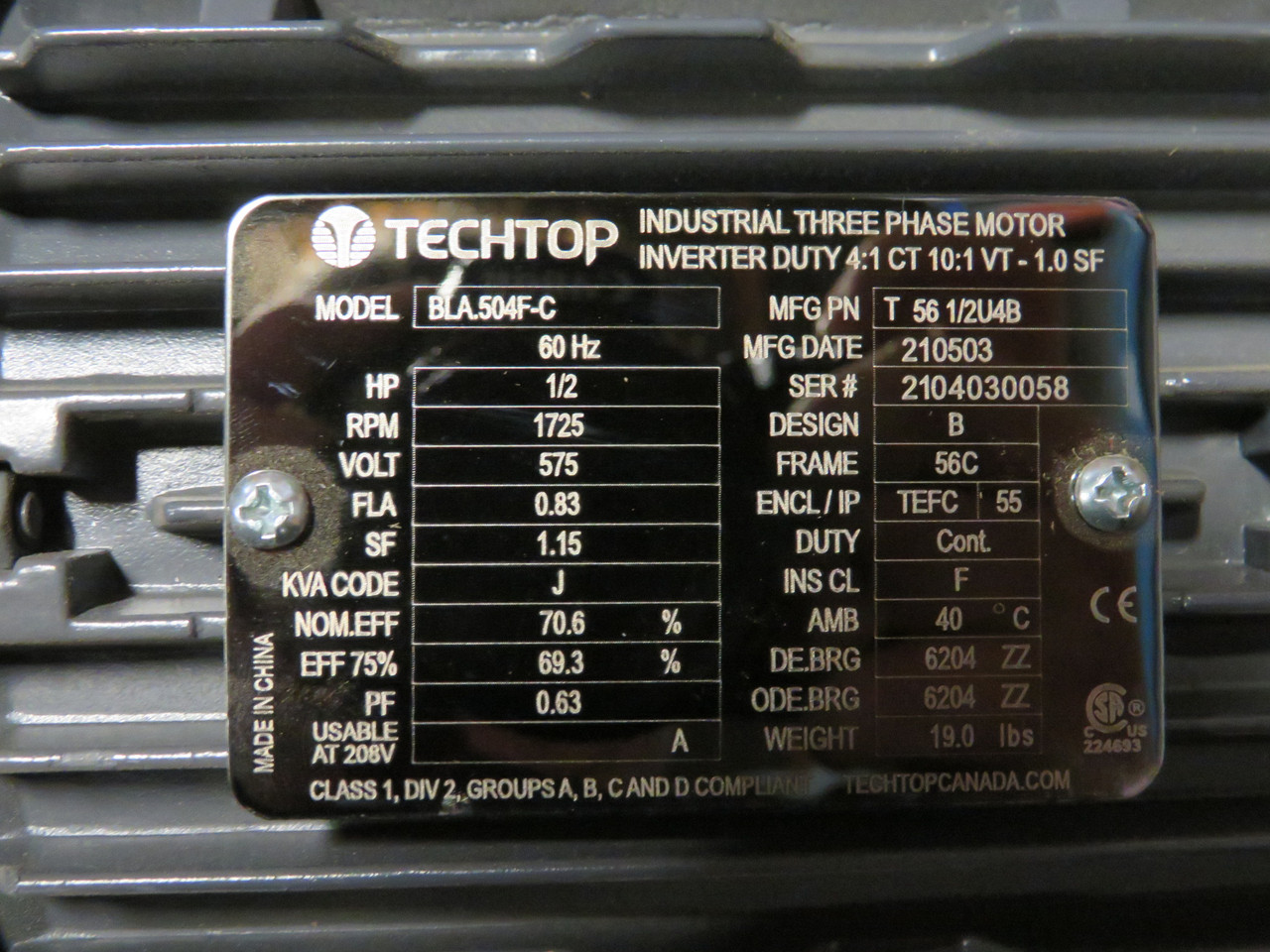 TechTop BLA.504F-C Motor 1/2HP 1725rpm 575V 56C TEFC 3Ph 0.83FLA 60Hz NOP