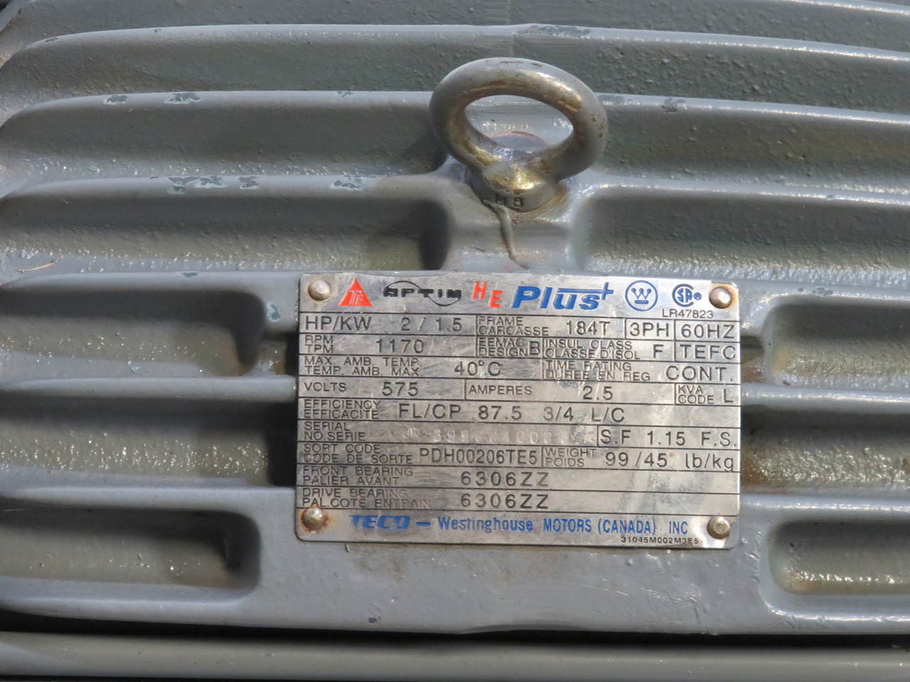 Teco Westinghouse PDH00206TE5 Motor 2HP 1.5kW 1170rpm 575V 184T SHELF WEAR USED
