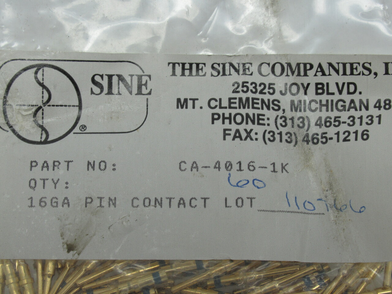 Sine CA-4016-1K Contact Pin 16 GA Lot of 60 PACKAGING SHELF WEAR NWB