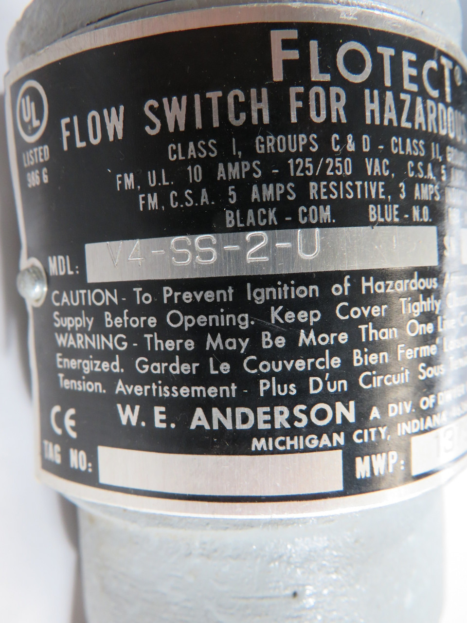 W.E. Anderson V4-SS-2-U 5 Layer Vane Operator Flow Switch 3/4" NPT WEAR NOP