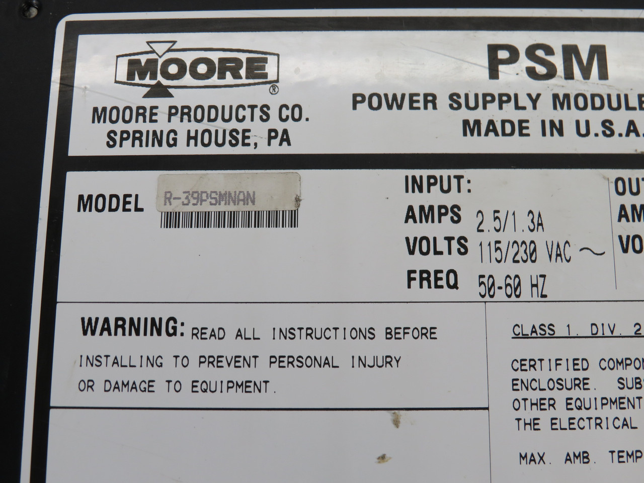 Moore 16013-1/10 Power Supply Module 115/230VAC 2.5/1.3A 50-60Hz 24VDC 4A USED