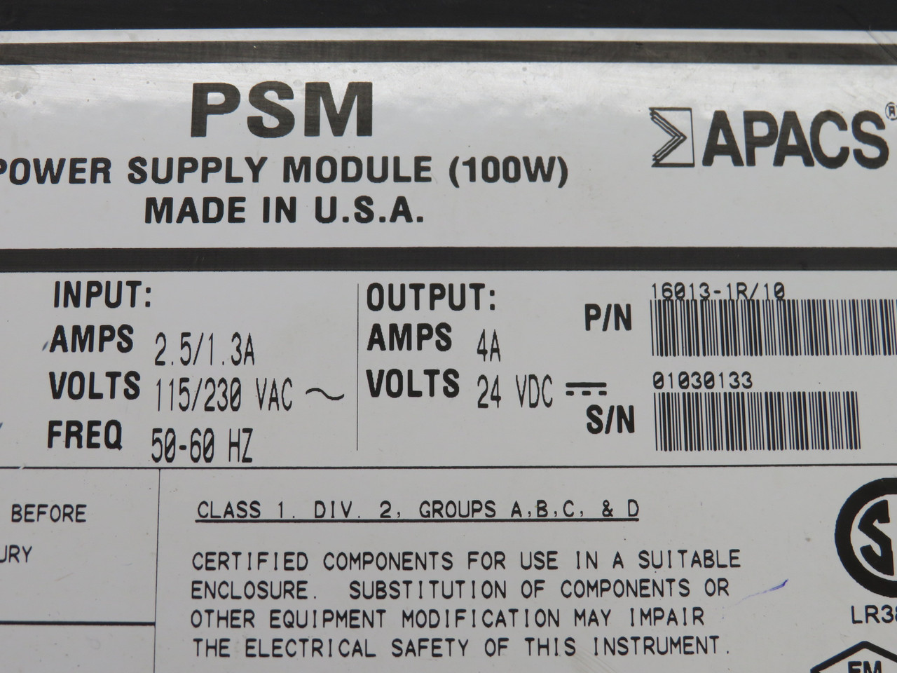 Moore 16013-1R/10 Power Supply Module 115/230VAC 2.5/1.3A 50-60Hz 24VDC 4A USED