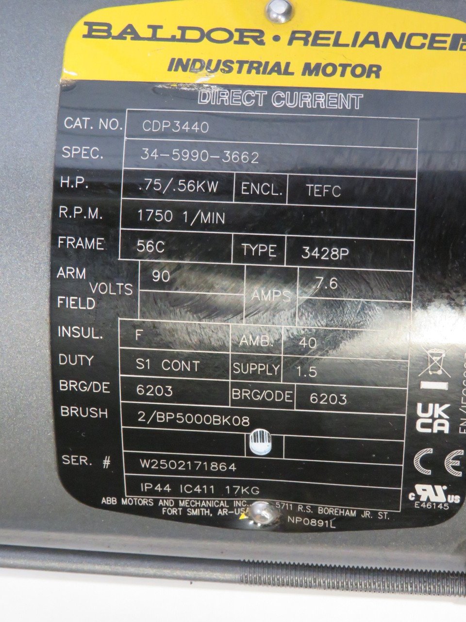 Baldor CDP3440 Motor .75HP .56kW 1750rpm 90V 56C TEFC 7.6A SHELF WEAR NOP