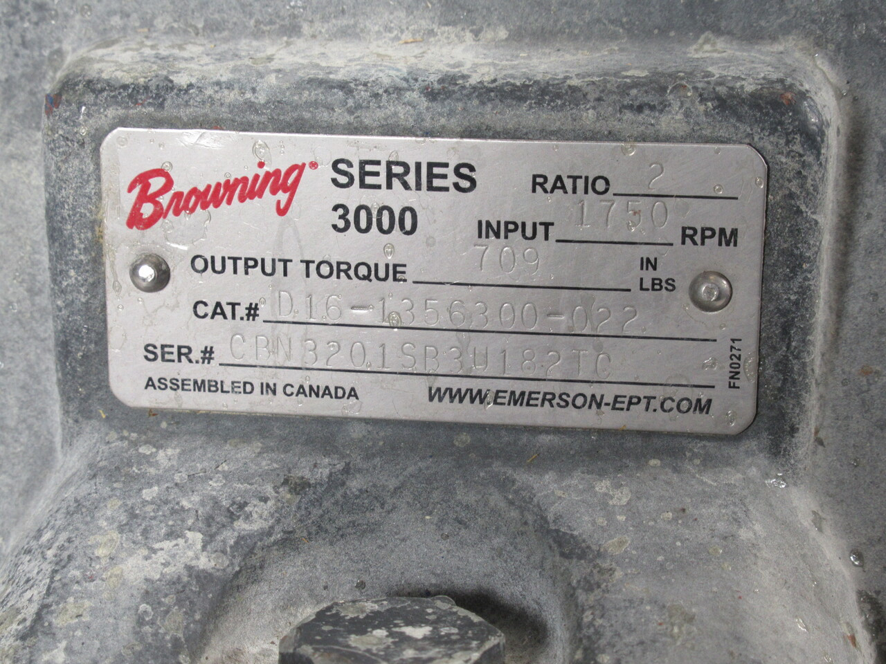 Browning CBN3201SB3U182TC Ser 3000 Gear Reducer 2:1 709 in-lbs 1750RPM RUST USED