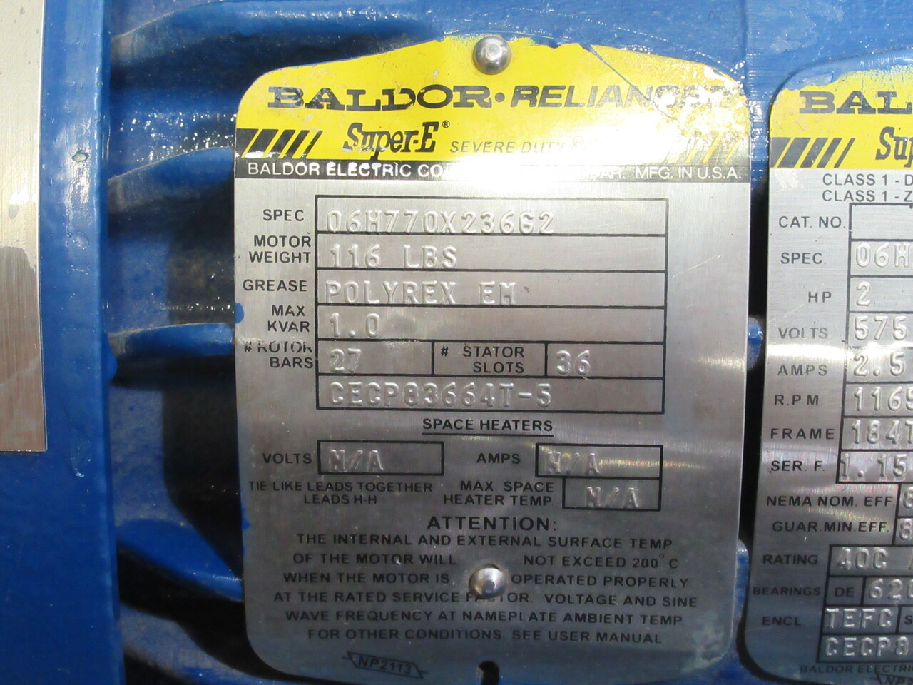 Baldor 06H770X236G2 2HP 1165RPM 575V 184TC TEFC 3Ph 2.5A 60Hz RFB