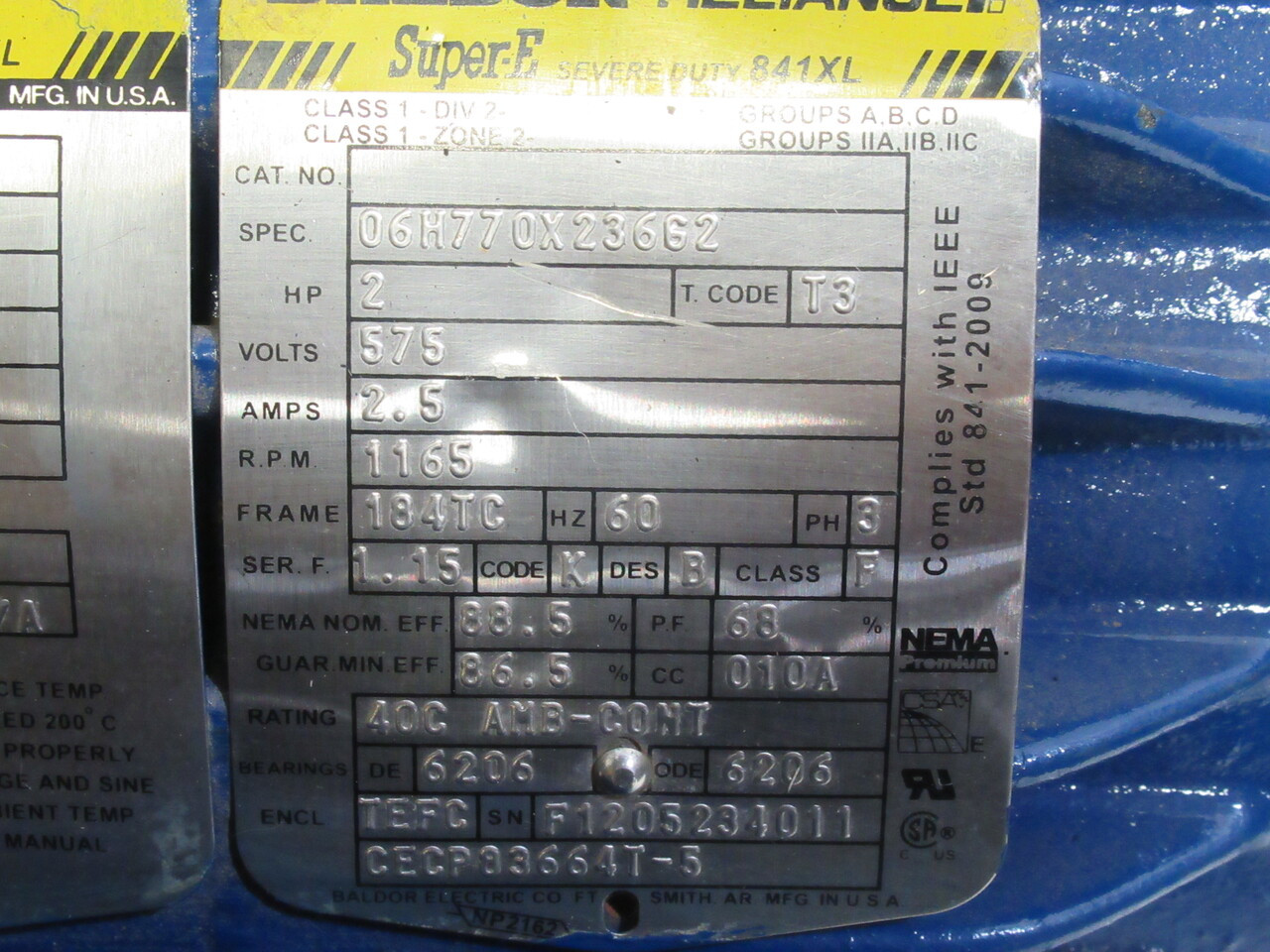 Baldor 06H770X236G2 2HP 1165RPM 575V 184TC TEFC 3Ph 2.5A 60Hz RFB