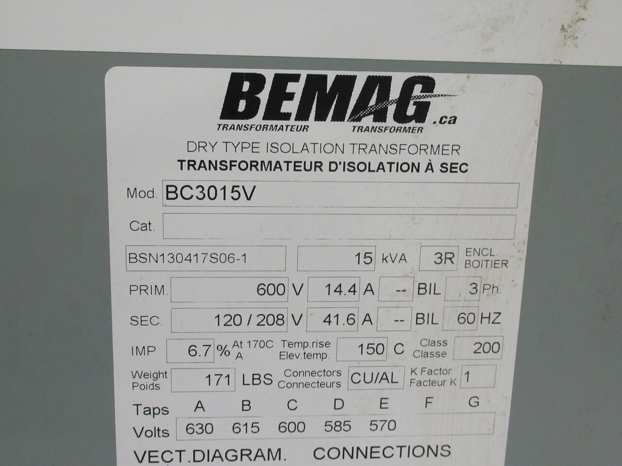 Bemag BC3015V Dry Type Isolation Transformer 15kVA Pri 600V 14.4A 3Ph USED