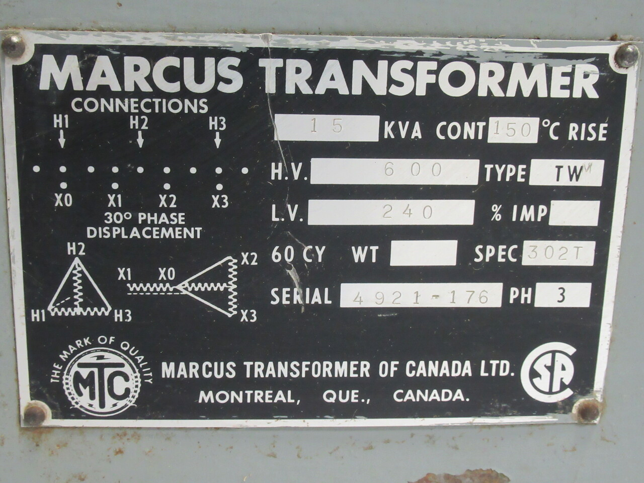 Marcus Dry Type TWM Transformer 15kVA Pri 600V Sec 240V 60Hz 3Ph RUST USED