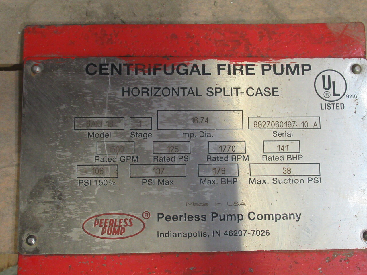 Peerless Pump 6AEF18 Horizontal Split Case Pump 16.74" Impeller SHELF WEAR NOP
