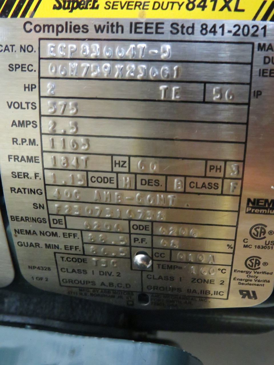 Baldor Severe Duty Motor 2HP 1165rpm 575V 184T TEFC 3Ph 2.5A 60Hz NOP