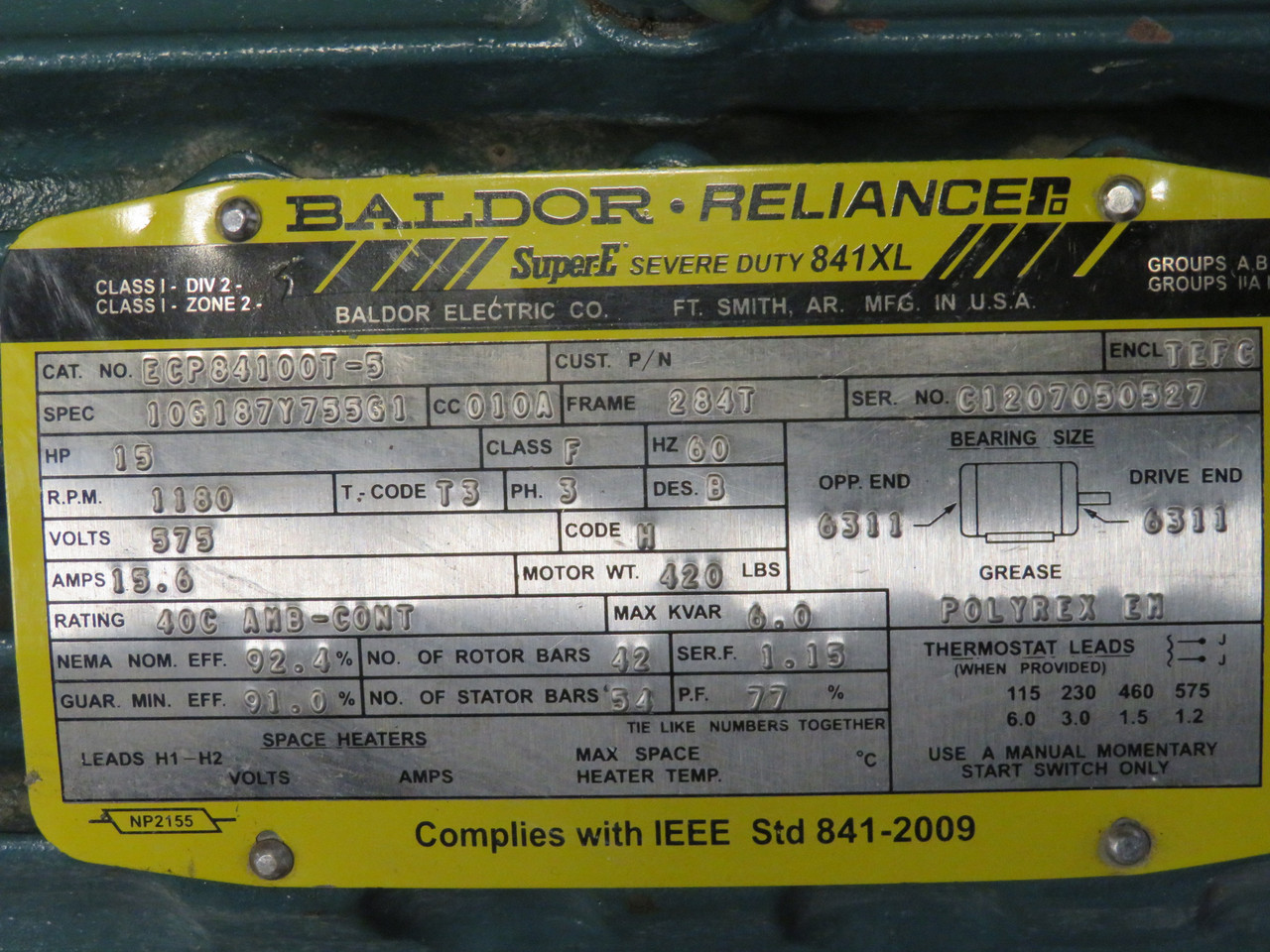Baldor ECP84100T-5 Motor 15HP 1180rpm 575V 284T TEFC 3Ph 15.6A 60Hz WEAR NOP