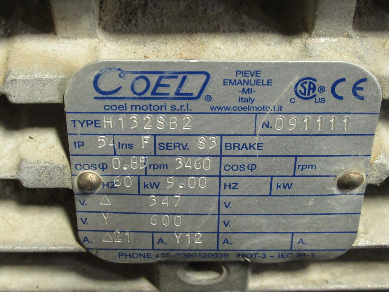 Coel H132SB2 Motor 9kW 3460rpm 347V 600YV TEFC 12Y 21A 60Hz SHELF WEAR USED