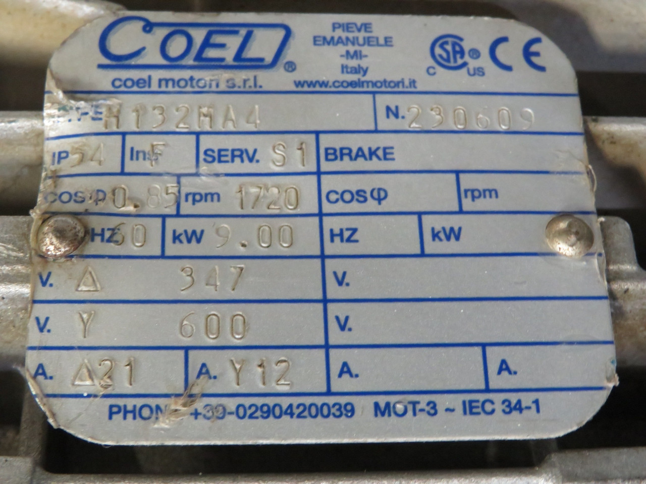 Coel H132HA4 Motor 9kW 1720rpm 347V 600YV TEFC 12Y 21A 60Hz SHELF WEAR USED