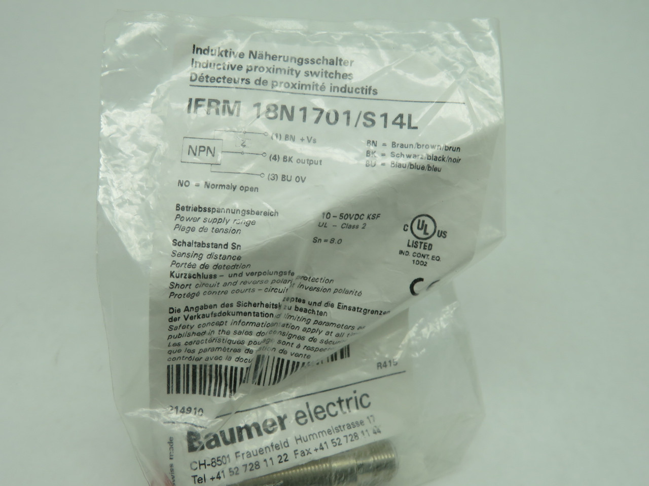 BAUMER IFRM 18N1701/S14L Proximity Sensor NWB