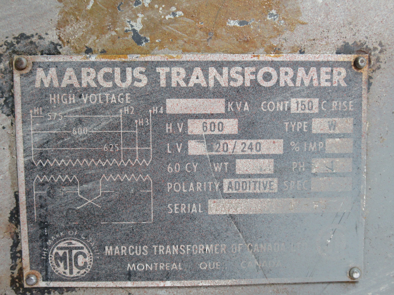 Marcus Type W Transformer 5kVA Pri 600V Sec 120/240V 60Hz 1Ph SHELF WEAR USED
