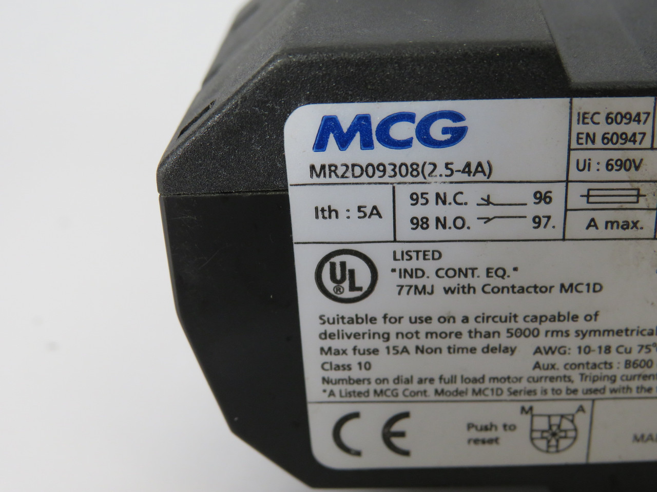 MCG MR2D09308 Thermal Overload Relay 2.50-4A 3P USED