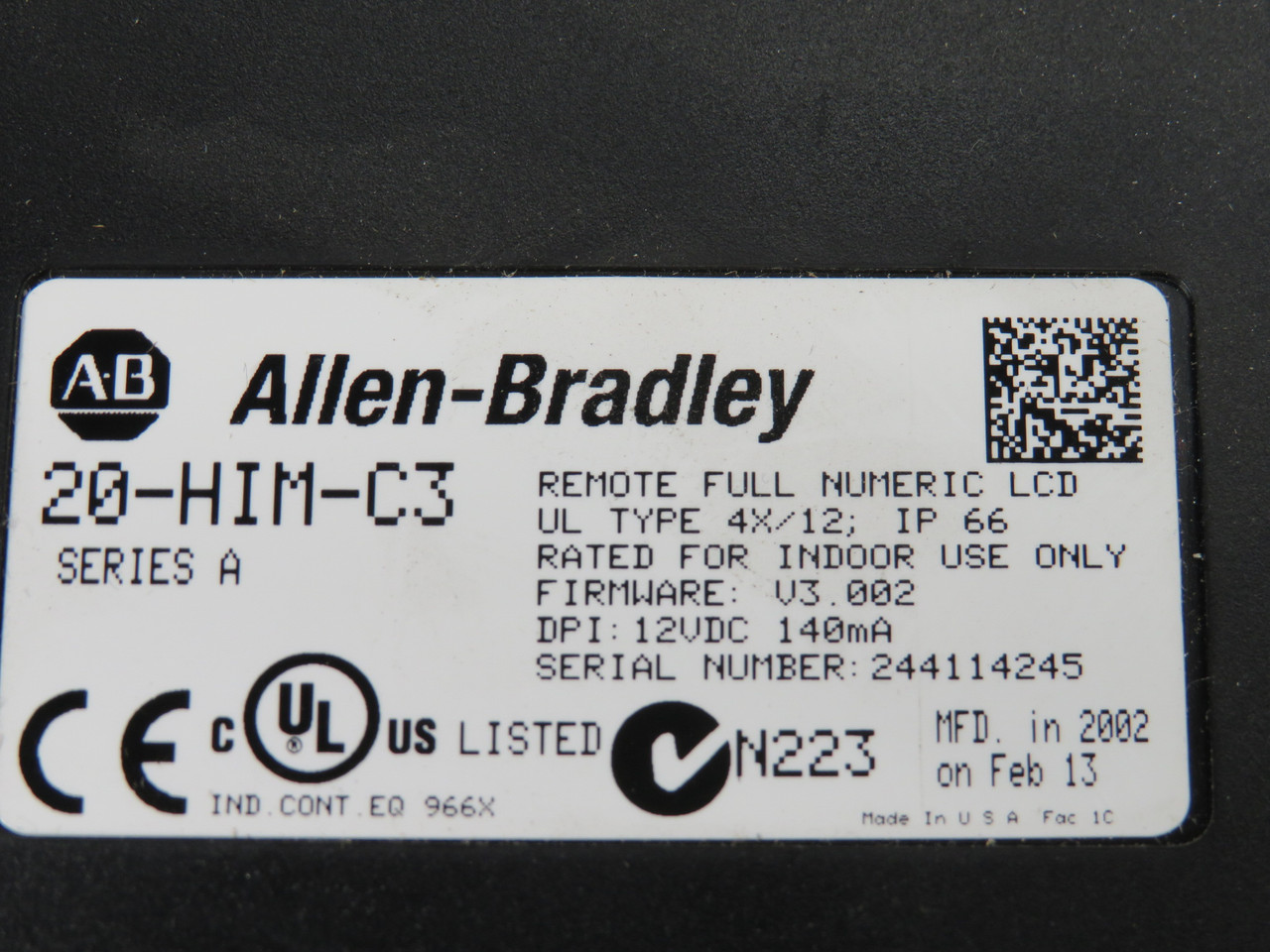 Allen-Bradley 20-HIM-C3 Ser. A Full Numeric LCD w/Cable 12VDC SHELF WEAR USED