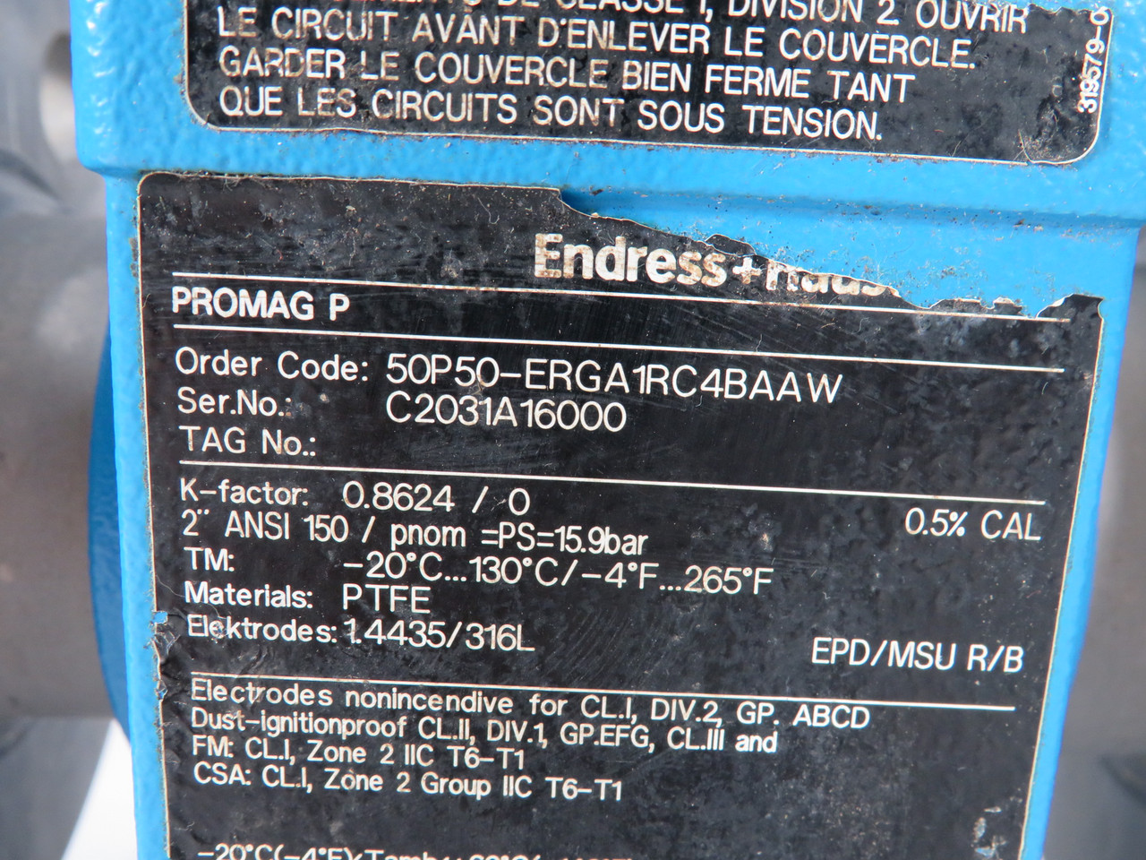 Endress & Hauser 50P50-ERGA1RC4BAAW Electromagnetic Flowmeter Assy. 2" ANSI USED