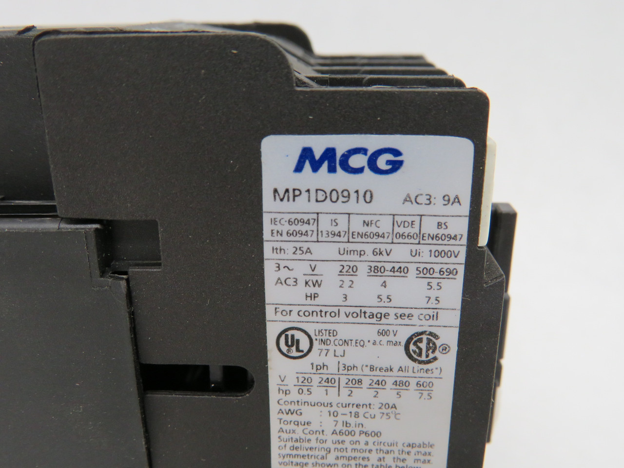 MCG MP1D0910BD Non-Reversing Contactor 24VDC 9A 1NO 3P USED