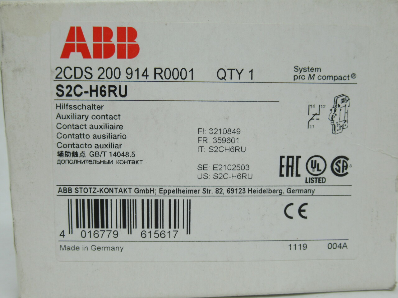 ABB S2C-H6RU Auxiliary Contact for Miniature Circuit Breaker 1CO NEW