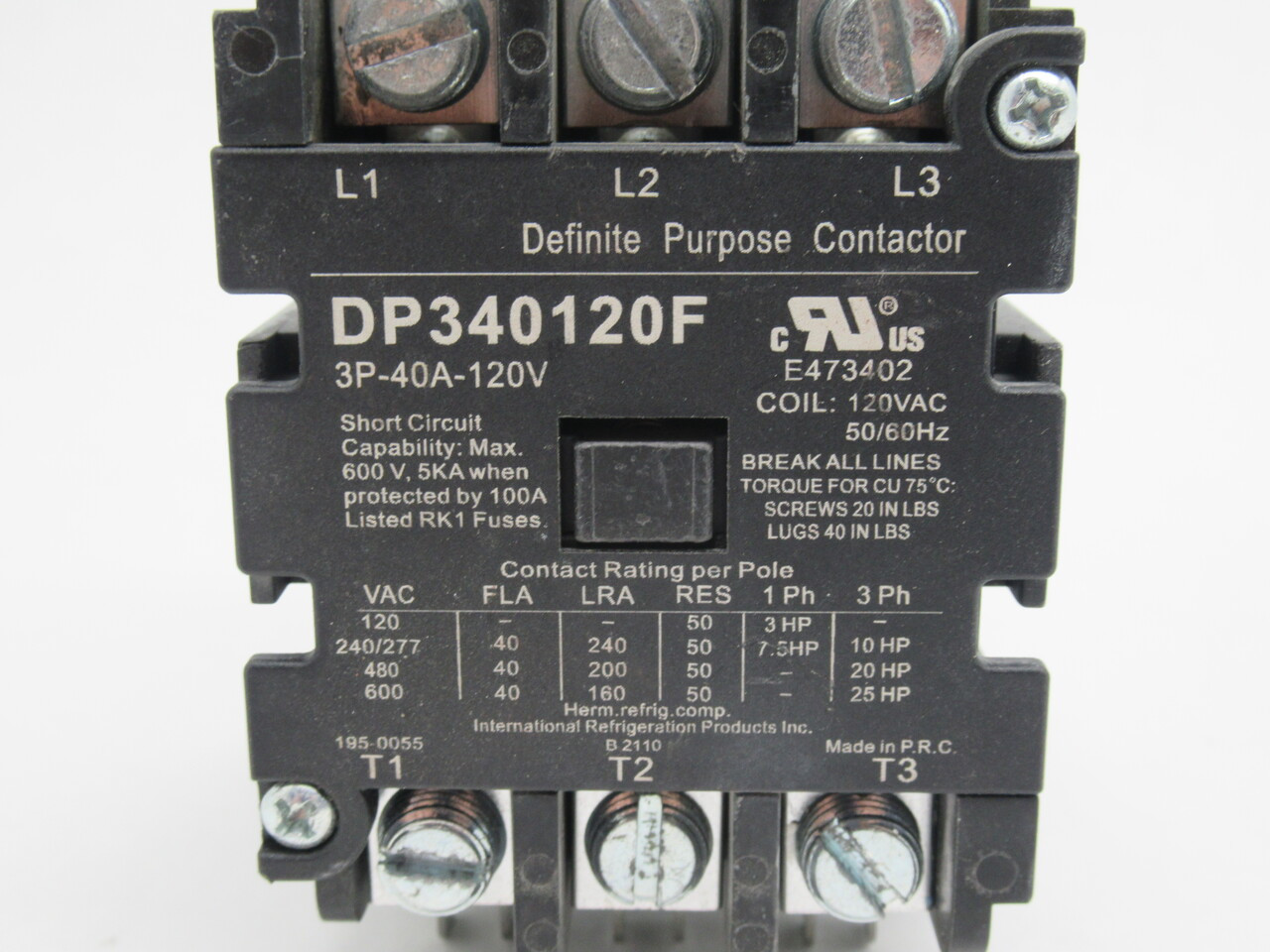 International Refrigeration DP340120F Definite Purpose Contactor 40A 120V USED