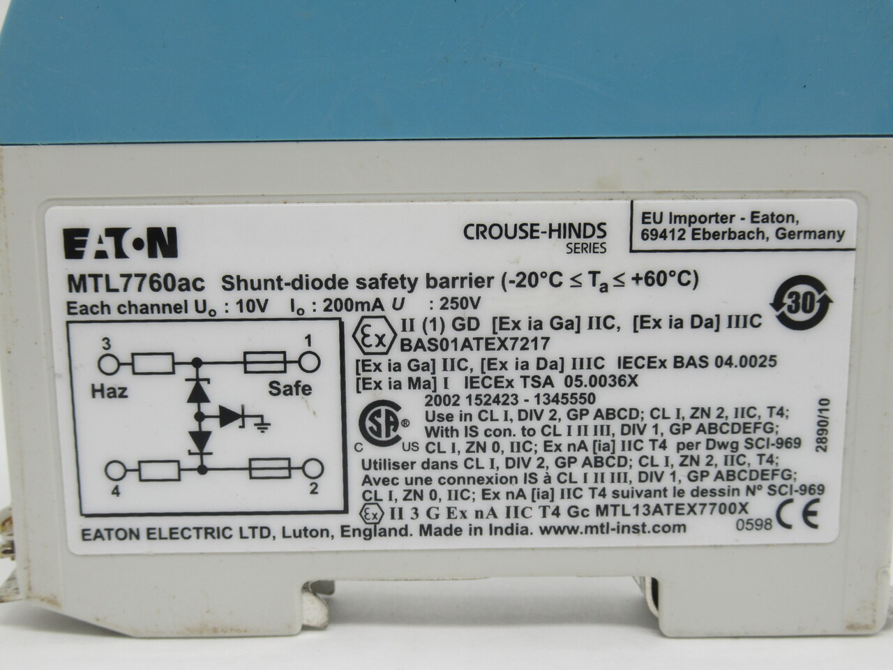 Eaton Crouse-Hinds MTL7760ac Zener Safety Barrier 2-Channel 10V 200mA 250V USED