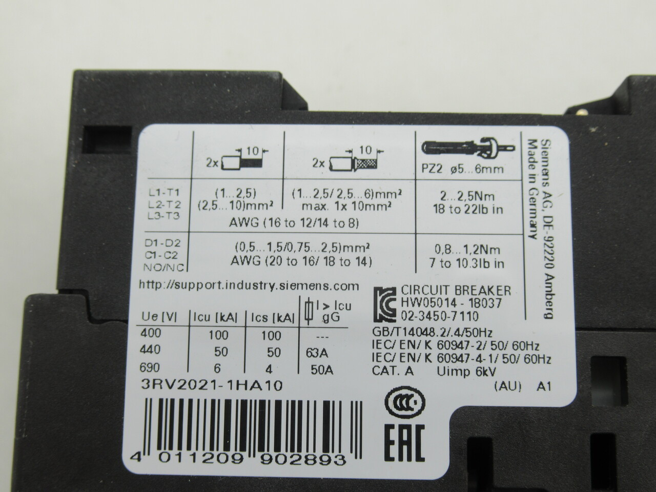 Siemens 3RV2021-1HA10 Motor Protector Circuit Breaker 5.5-8A 690V 3-Pole NEW