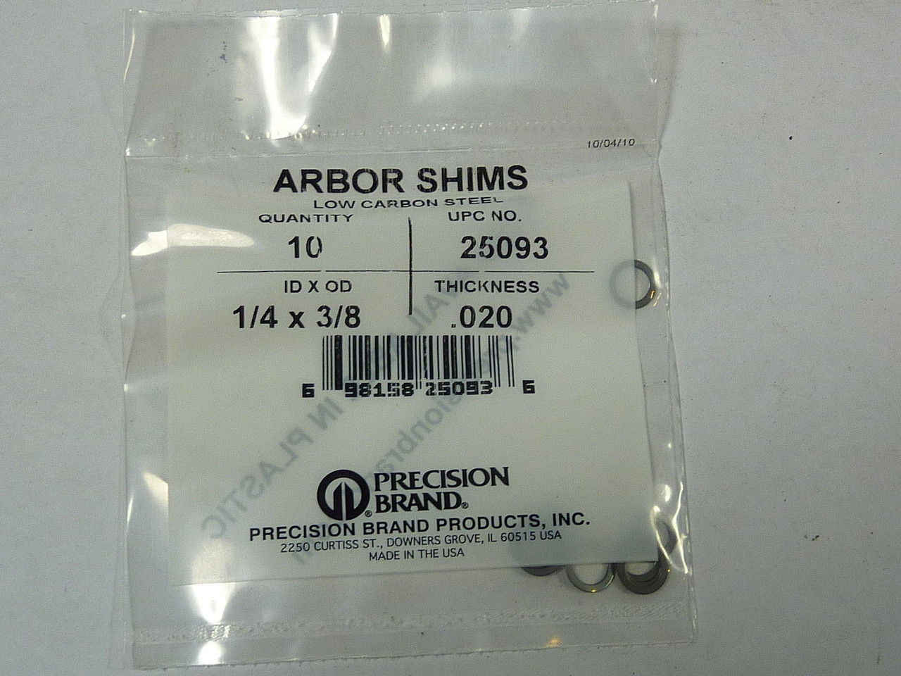 Precision Brand 25093 Arbor Shims 1/4"ID 3/8"OD .020"Th Pack of 10 NEW