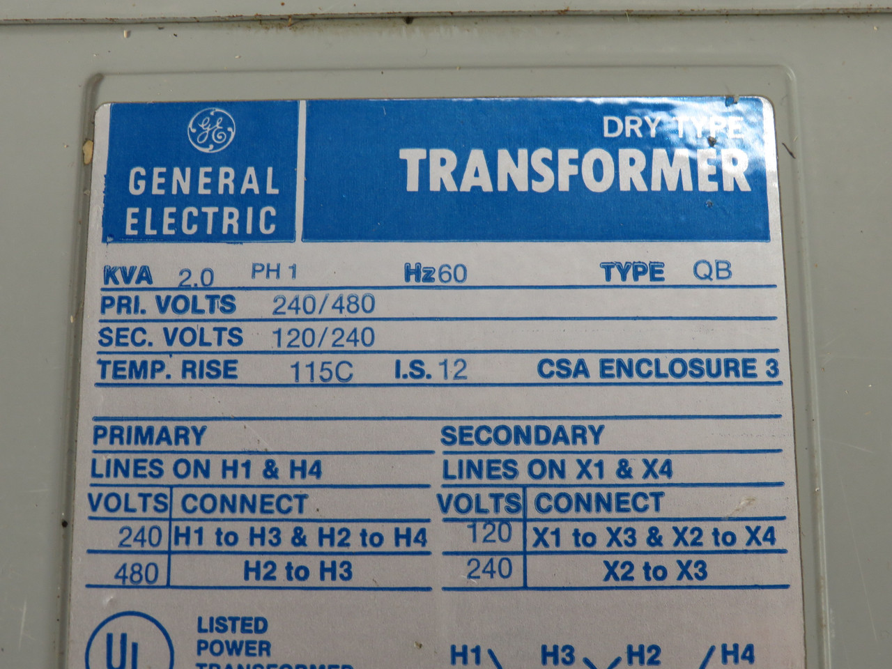 General Electric 9T51B12 Type QP Dry Transformer 2kVa Pri 240/480V 60Hz 1Ph USED