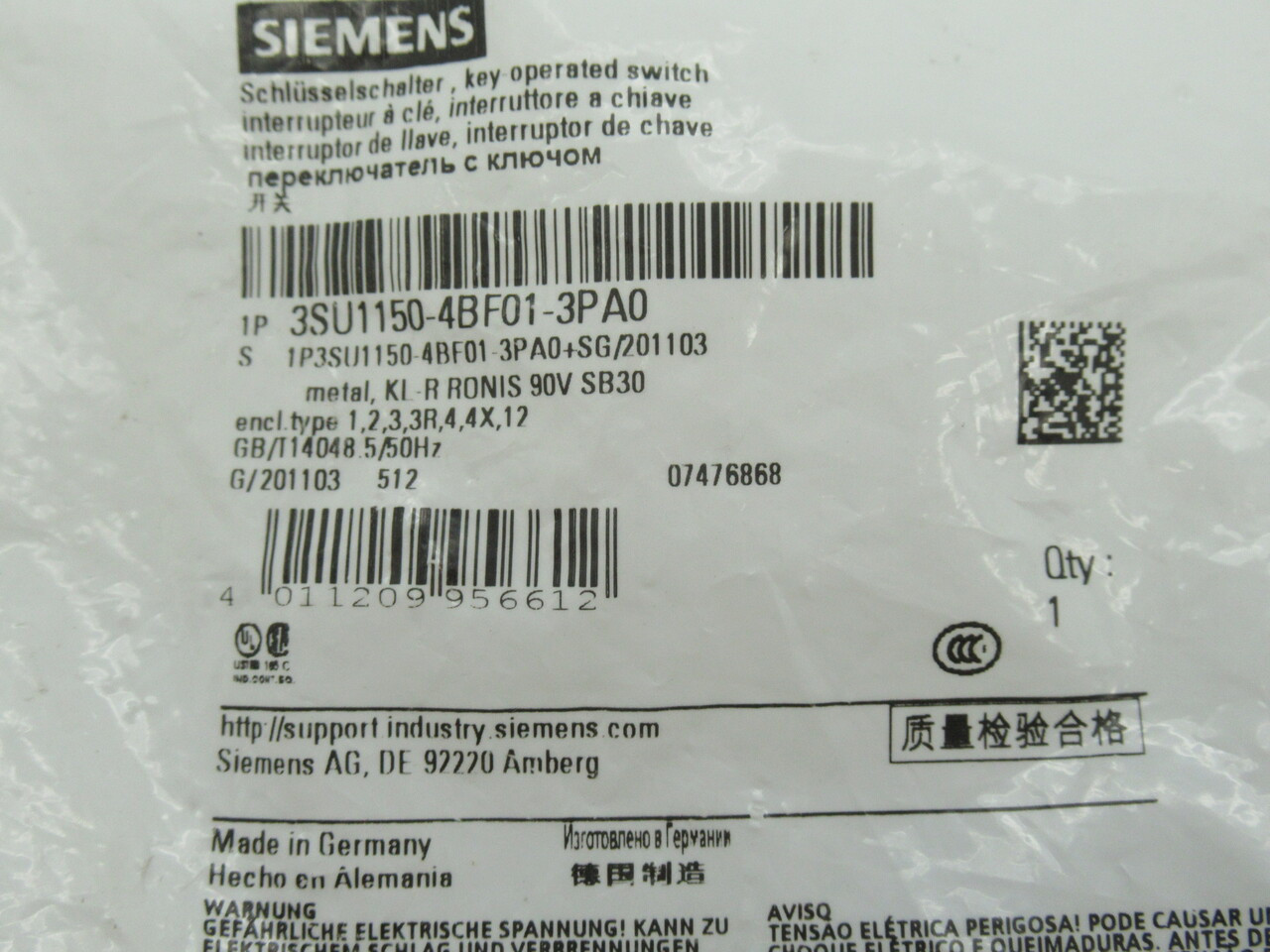 Siemens 3SU1150-4BF01-3PA0 Key-Operated Switch 2-Position Latching 2NC NWB