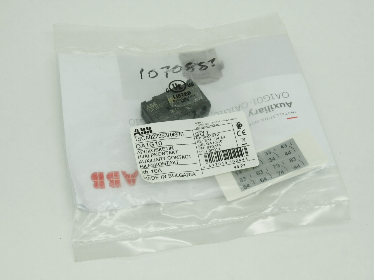 ABB OA1G10 Auxiliary Contact for Disconnect Switch 690V 16A 1NO NWB