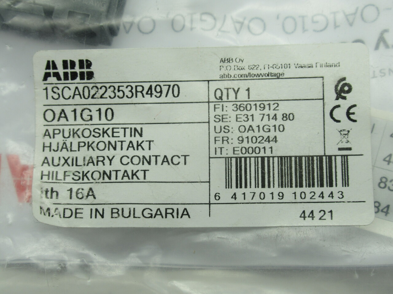 ABB OA1G10 Auxiliary Contact for Disconnect Switch 690V 16A 1NO NWB