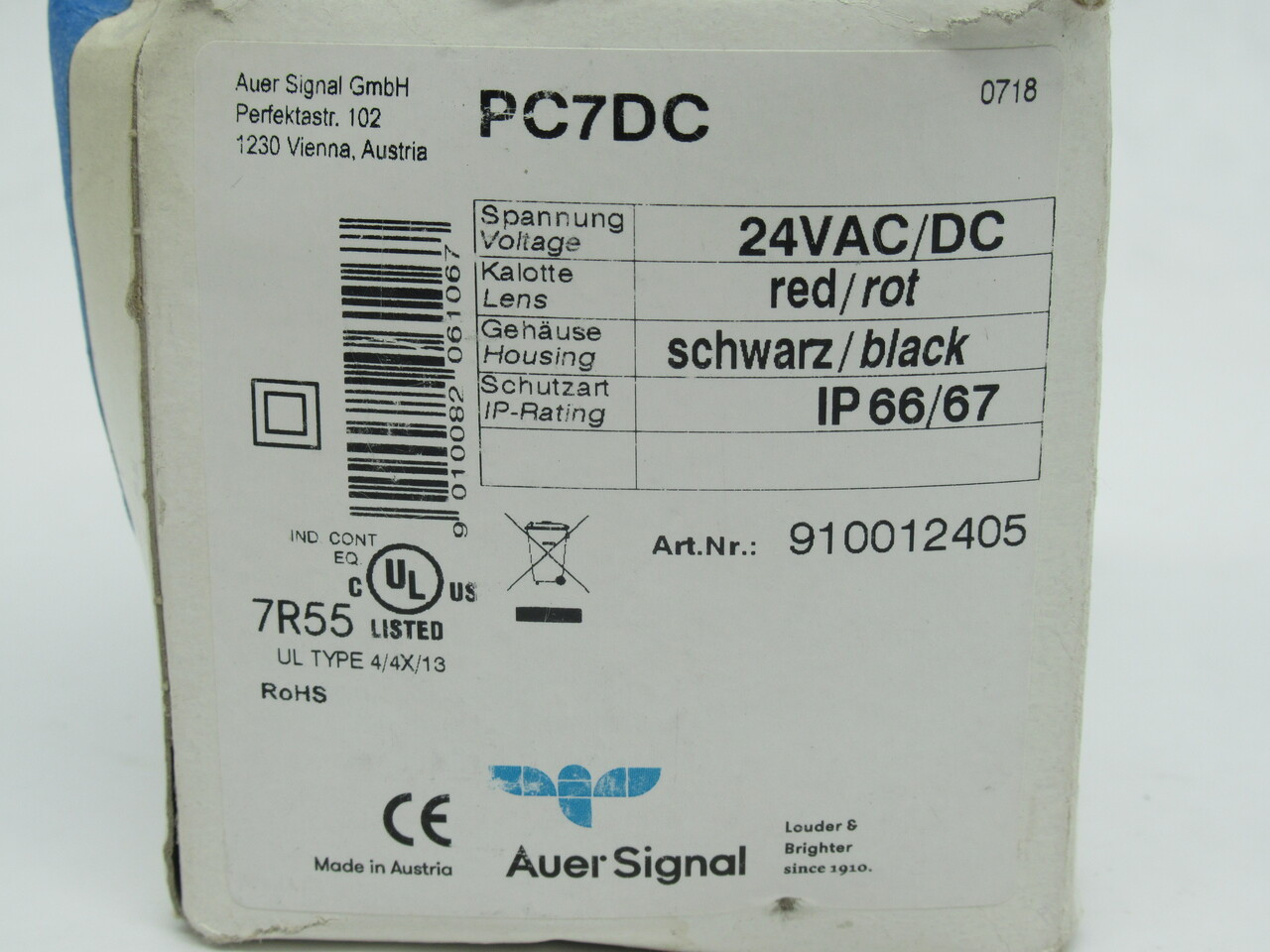 Auer Signal 910012405 PC7DC Steady Light Module Red LED 24VAC/DC BOX DAMAGE NEW